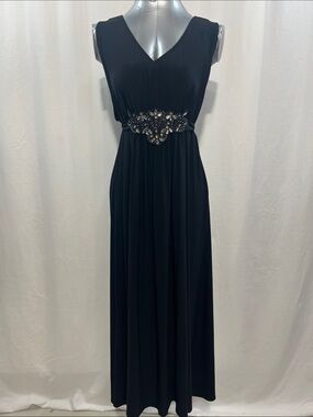 R&M Richards Black V-Neck Maxi Gown with Beaded Waist and tie back wedding 1255